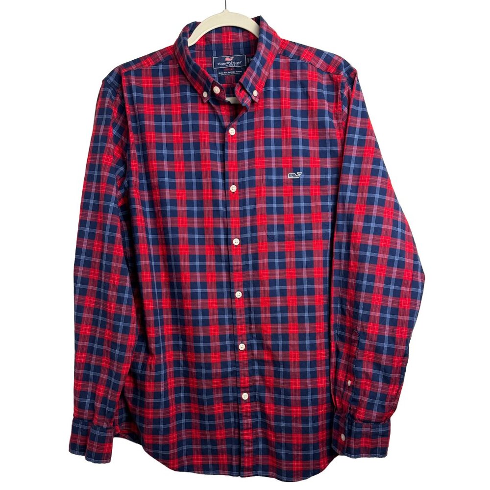 Vineyard Vines Plaid Slim Fit Tucker Shirt Red/Blue Size Medium